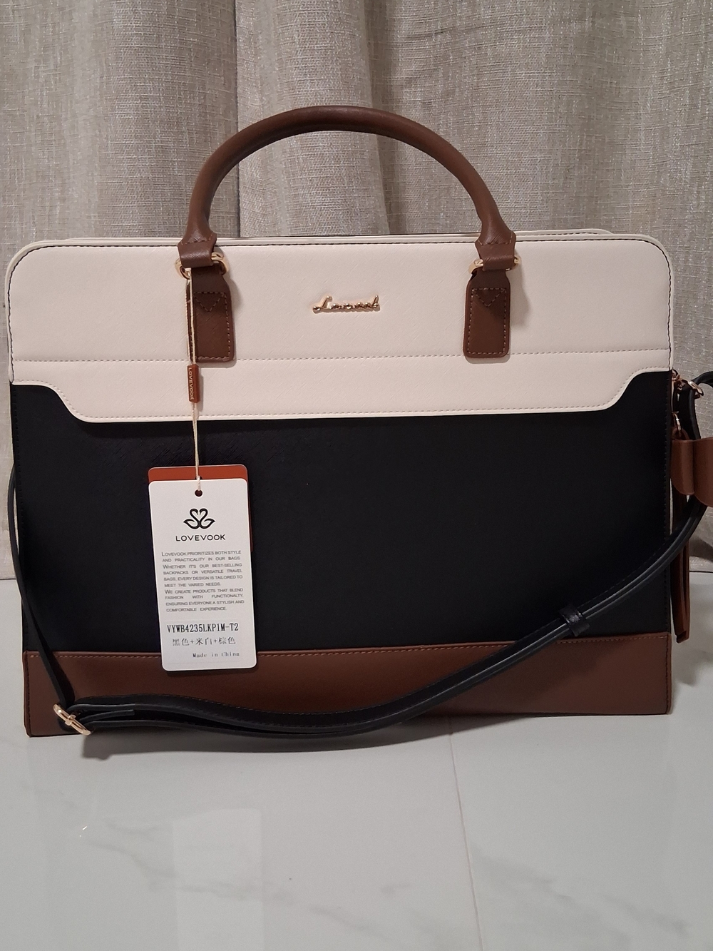 Women  Tricolor Briefcase Bag - Black, Cream & Brown